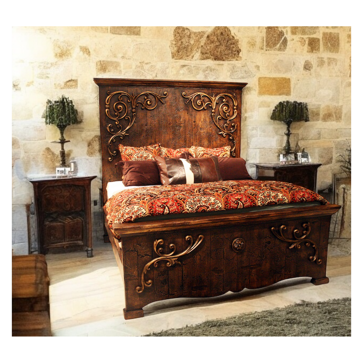 VALEN BED 85" Tall | Brown Wood Carved Frame with Scrollwork | Old-World Style | Bed Only | Includes Delivery and Assembly
