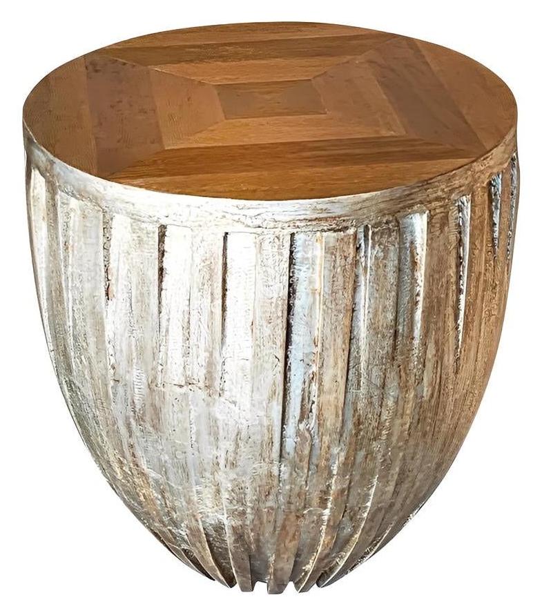 Le Puy-en-Velay End Tables (2-Pack), Weathered Gray, Parquet Wood Top, Round Rustic Accent