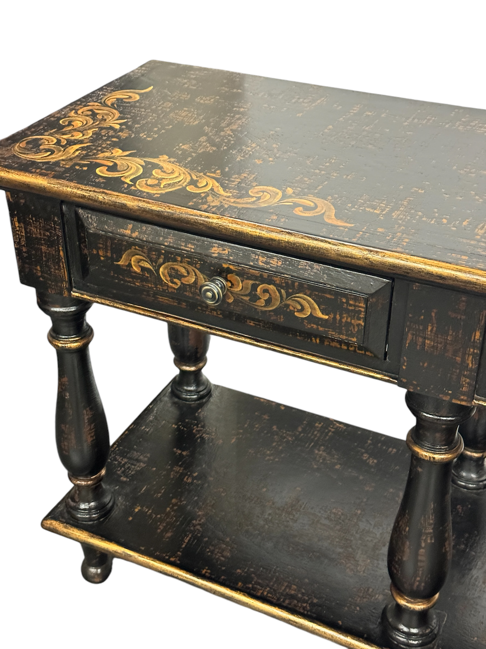 Saint-Émilion Console Table, Distressed Black Finish With Antique Gold Floral Accents, Two Tier Design