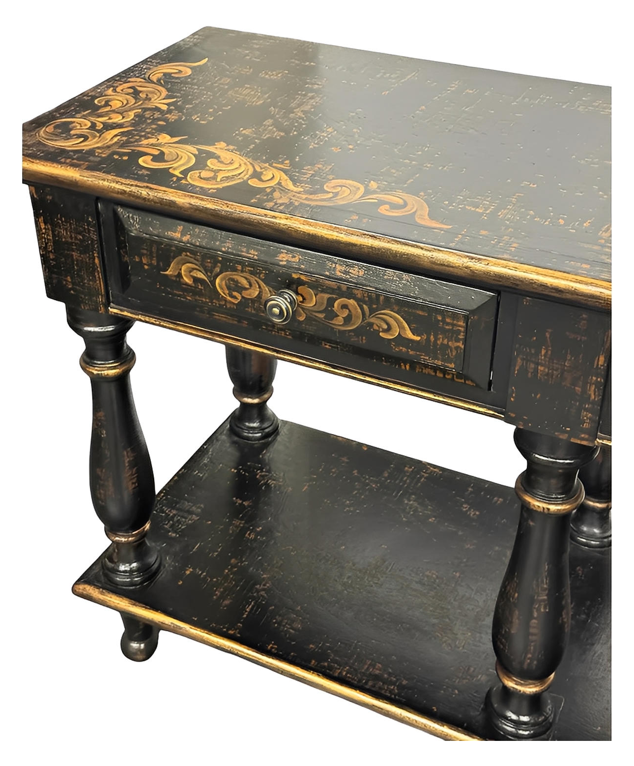 Saint-Émilion Console Table, Distressed Black Finish With Antique Gold Floral Accents, Two Tier Design