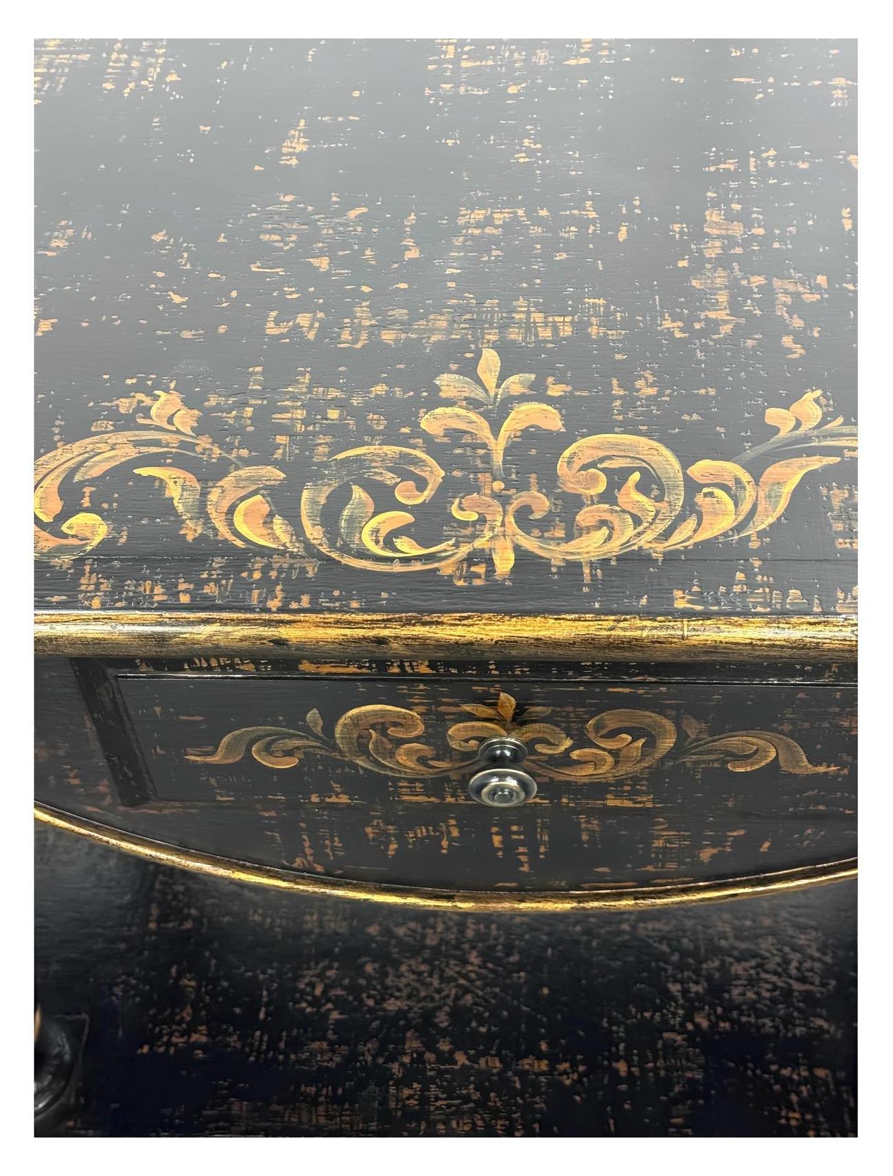 Saint-Émilion Console Table, Distressed Black Finish With Antique Gold Floral Accents, Two Tier Design