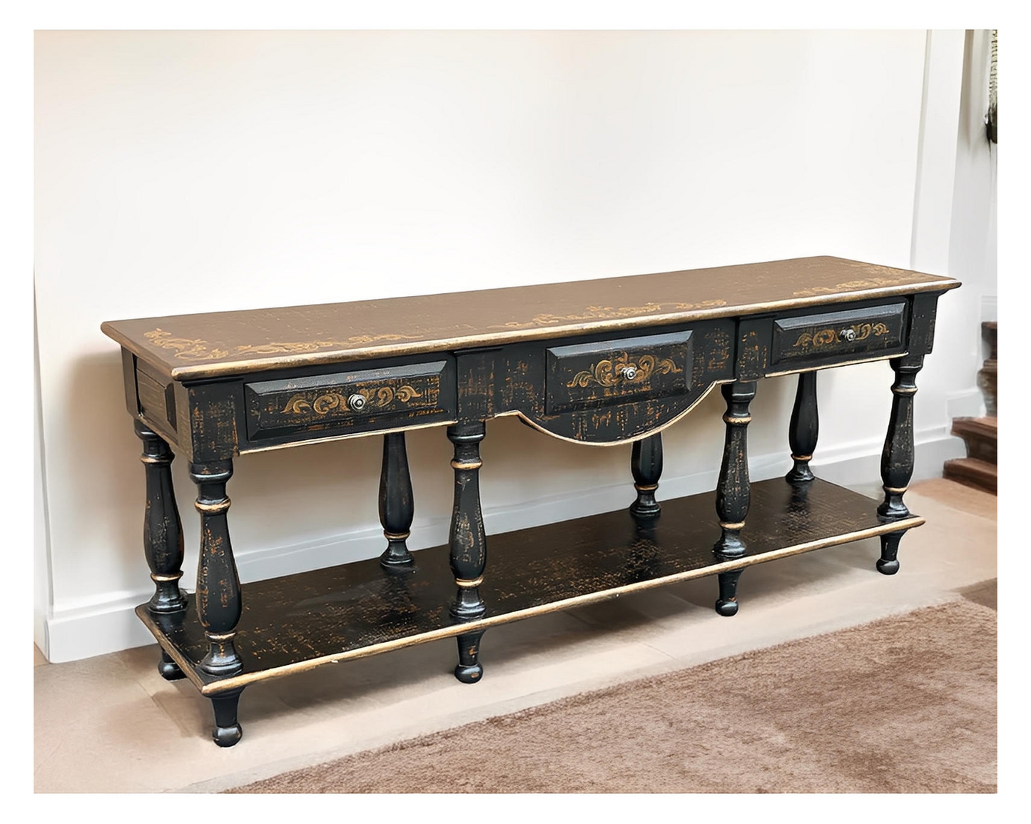 Saint-Émilion Console Table, Distressed Black Finish With Antique Gold Floral Accents, Two Tier Design