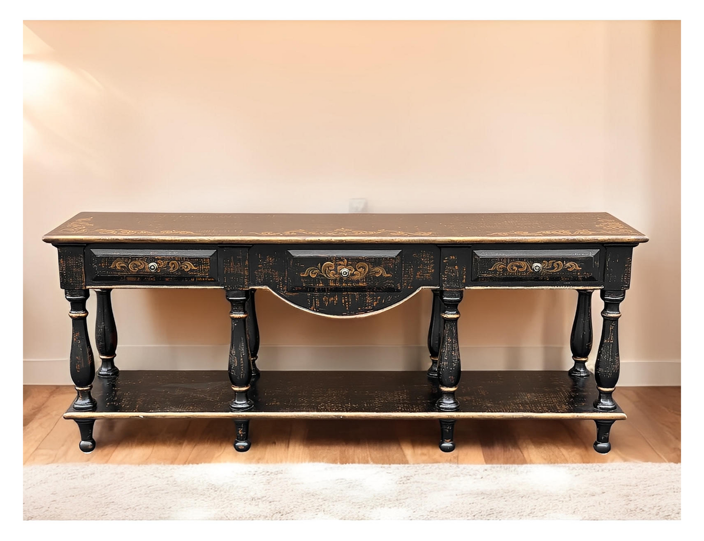 Saint-Émilion Console Table, Distressed Black Finish With Antique Gold Floral Accents, Two Tier Design