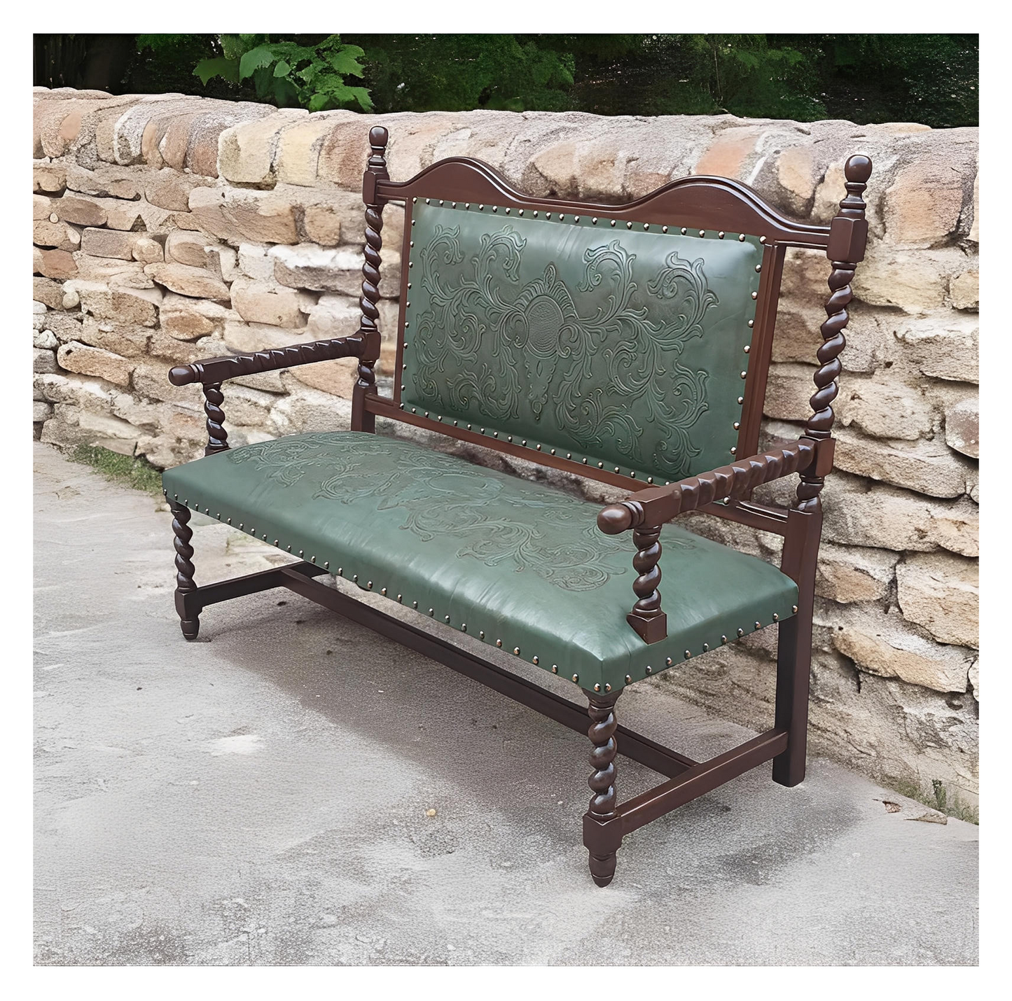 Bonnieux Bench, Green, Handstitched Upholstery With Embossed Pattern And Nailhead Trim