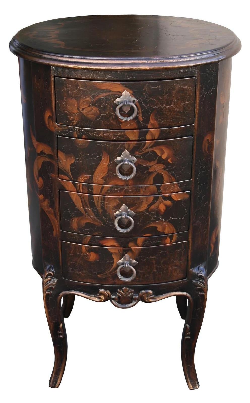 Monflanquin Chest, Dark Brown, Hand-painted floral motif with ornate metal ring pulls