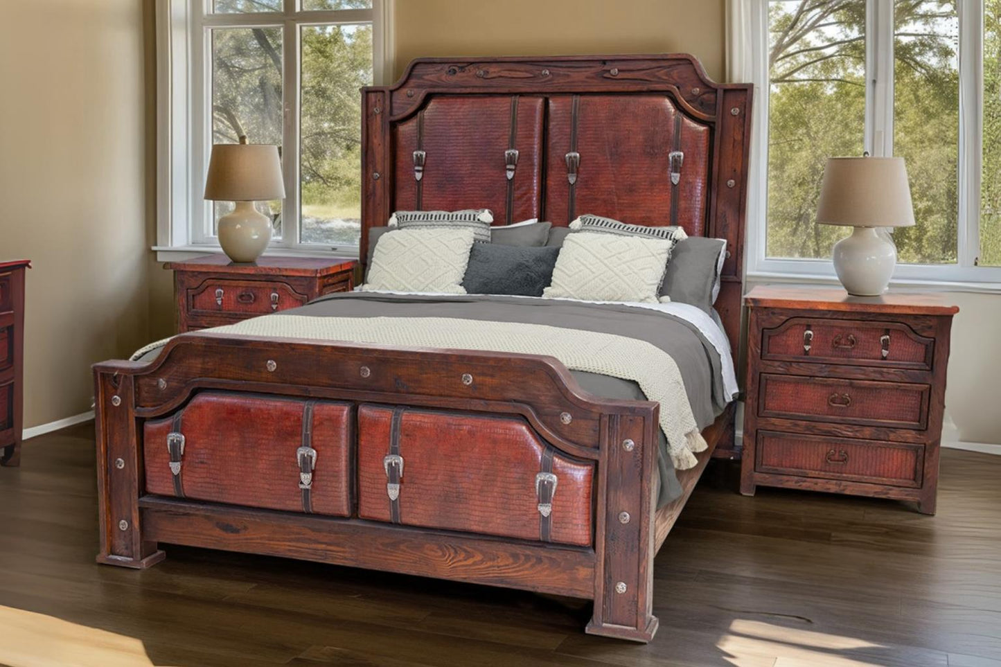 Sierra Saddle Dark Walnut Bed With Dark Red Crocodile Print Leather & Strap Accents, Hand-Carved, Optional Nightstands - Includes Full Service Delivery