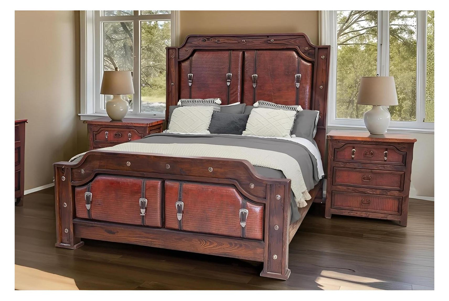 Sierra Saddle Dark Walnut Bed With Dark Red Crocodile Print Leather & Strap Accents, Hand-Carved, Optional Nightstands - Includes Full Service Delivery