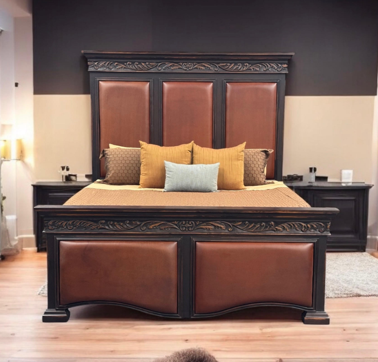 Montana King Bed 87" Tall | Carved Wood Bedframe | Leather Upholstered Headboard and Footboard | Western or French Style | Includes Assembly & White-Glove Delivery