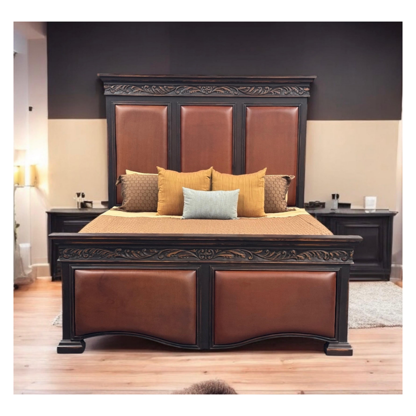 Valor Bed 87" Tall Carved Wood Bedframe | Leather Upholstered Headboard and Footboard