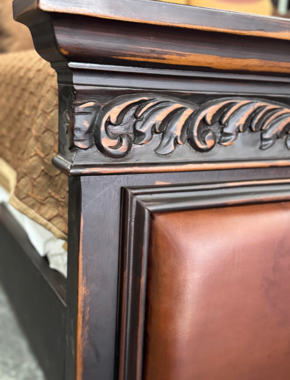 Montana King Bed 87" Tall | Carved Wood Bedframe | Leather Upholstered Headboard and Footboard | Western or French Style | Includes Assembly & White-Glove Delivery