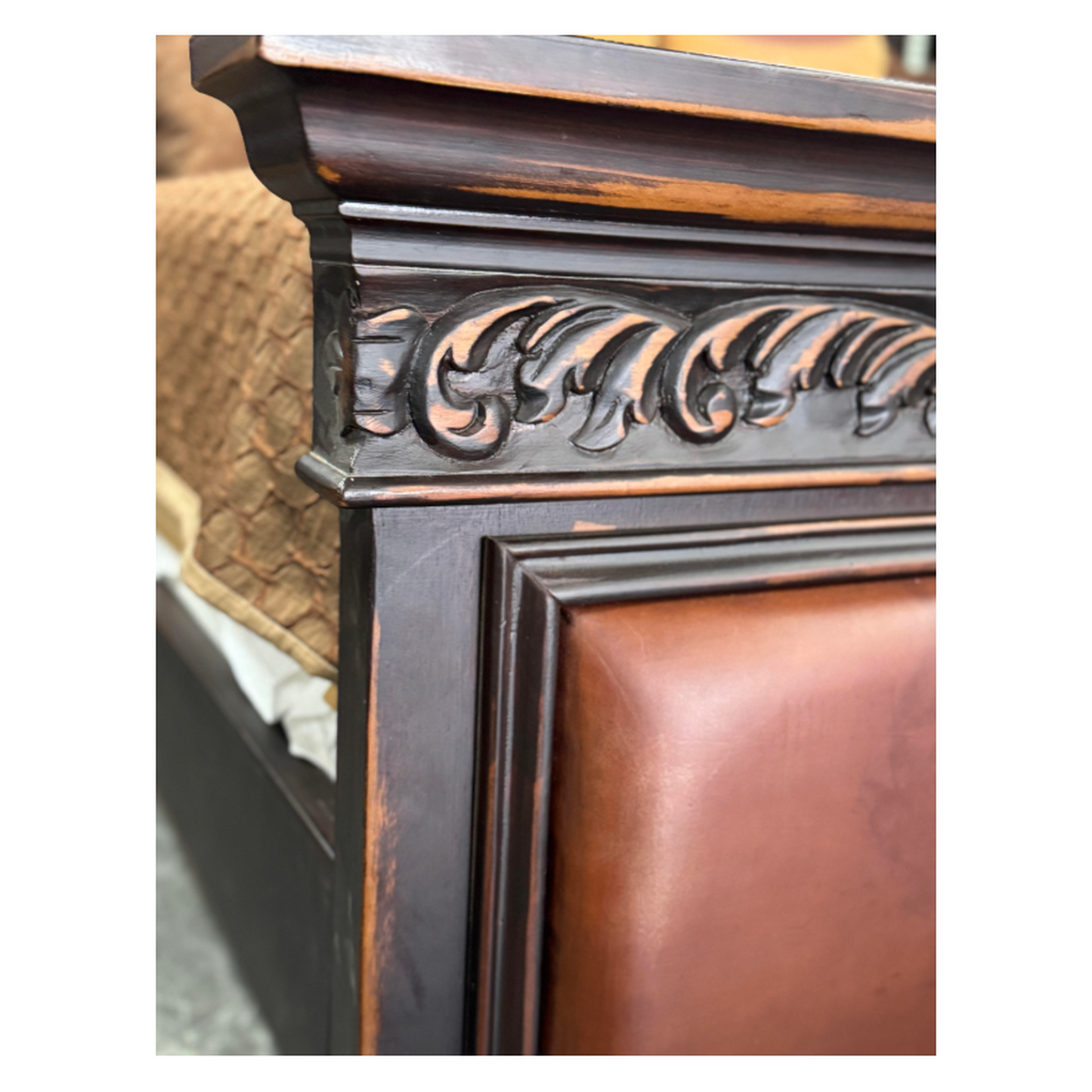 Valor Bed 87" Tall Carved Wood Bedframe | Leather Upholstered Headboard and Footboard