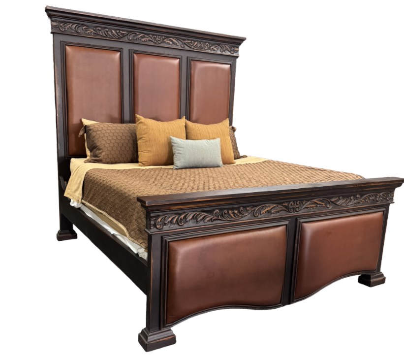 Montana King Bed 87" Tall | Carved Wood Bedframe | Leather Upholstered Headboard and Footboard | Western or French Style | Includes Assembly & White-Glove Delivery