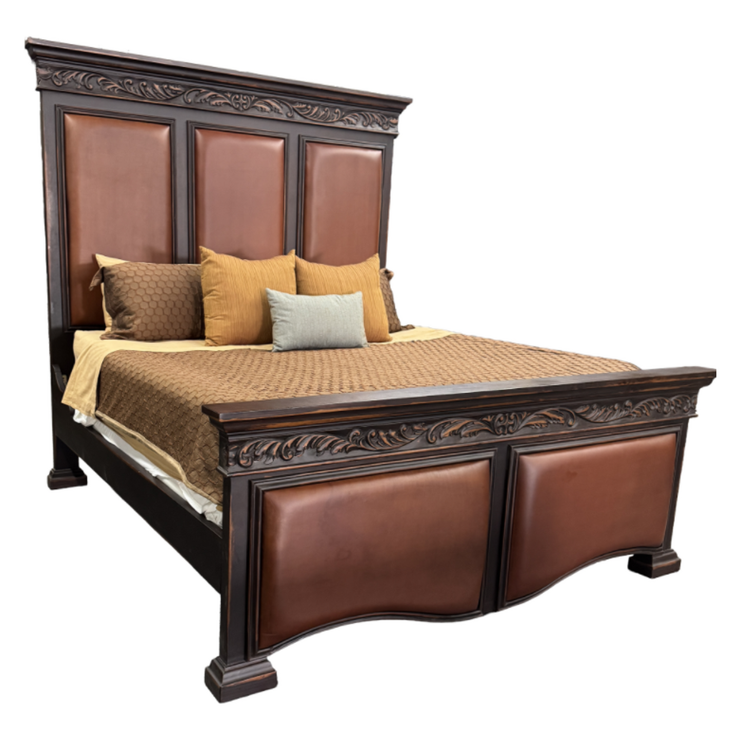 Valor Bed 87" Tall Carved Wood Bedframe | Leather Upholstered Headboard and Footboard