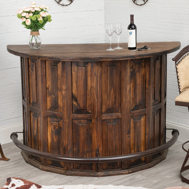 Curved Wooden Bar (Dark Finish) with a Foot Rail 63"x31"x42"