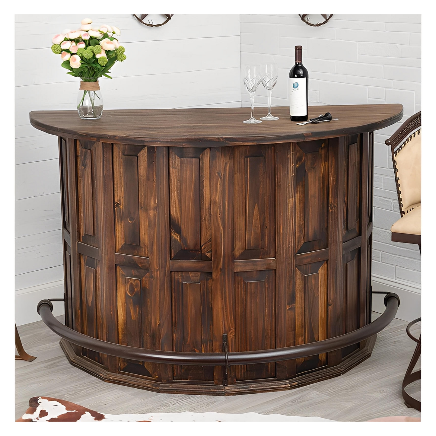 Curved Wooden Bar (Dark Finish) with a Foot Rail 63"x31"x42"