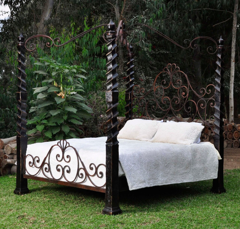 Bordeaux Canopy Bed, Old-World European Design, Hand-Carved Wood with Wrought Iron Scrollwork - Includes Full Service Delivery