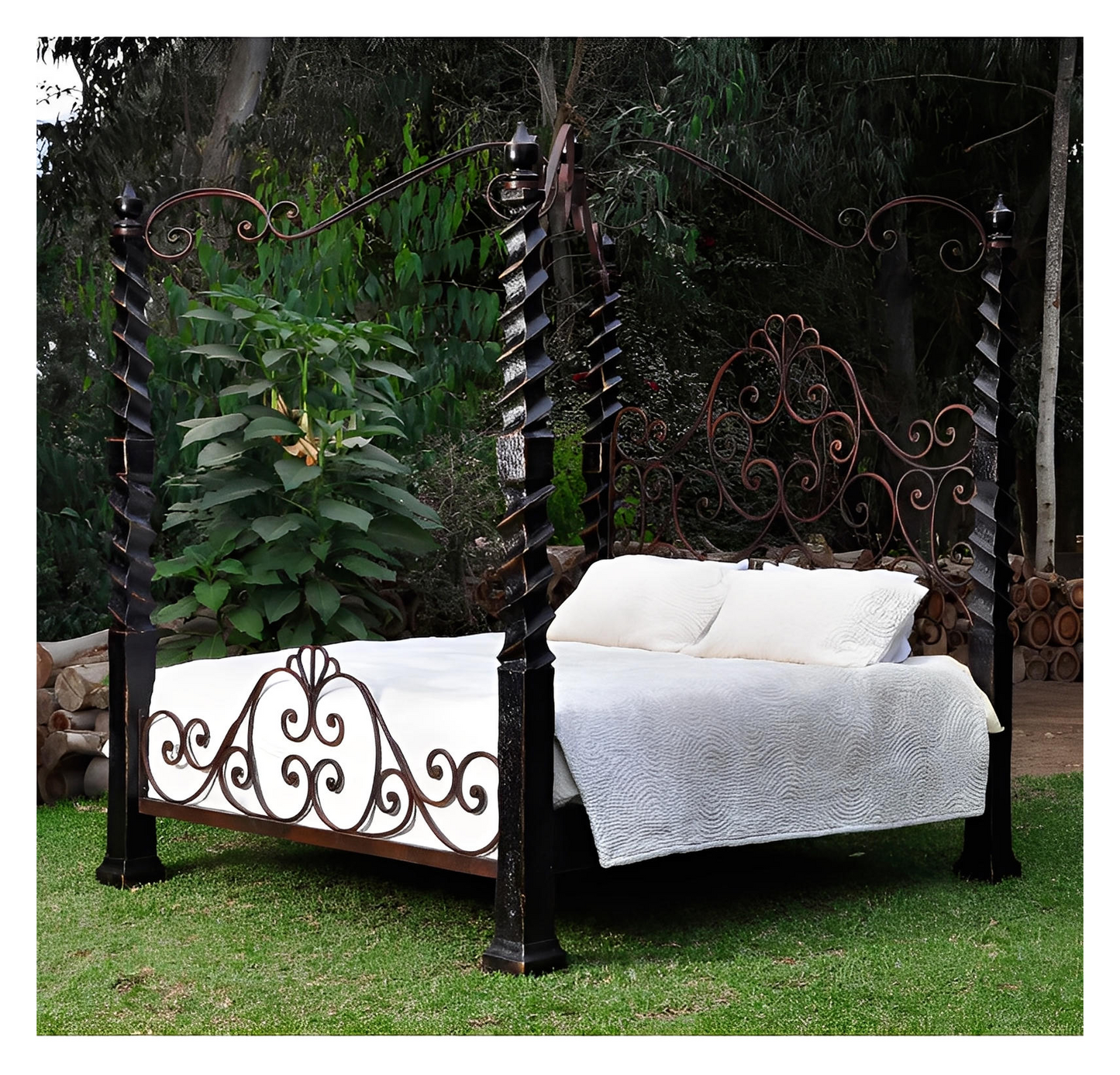 Bordeaux Canopy Bed, Old-World European Design, Hand-Carved Wood with Wrought Iron Scrollwork - Includes Full Service Delivery