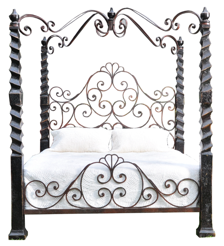 Bordeaux Canopy Bed, Old-World European Design, Hand-Carved Wood with Wrought Iron Scrollwork - Includes Full Service Delivery