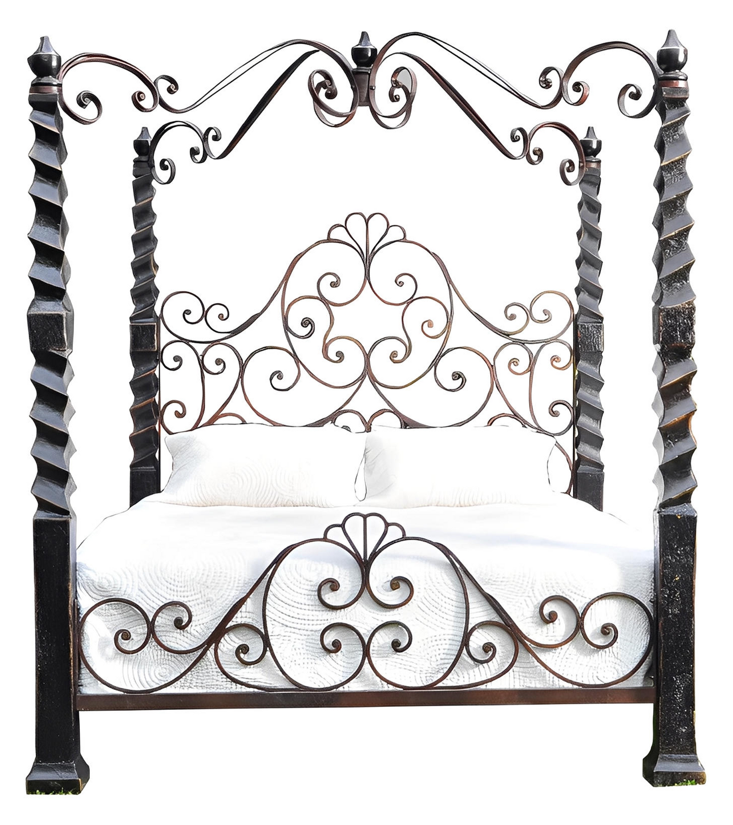 Bordeaux Canopy Bed, Old-World European Design, Hand-Carved Wood with Wrought Iron Scrollwork - Includes Full Service Delivery