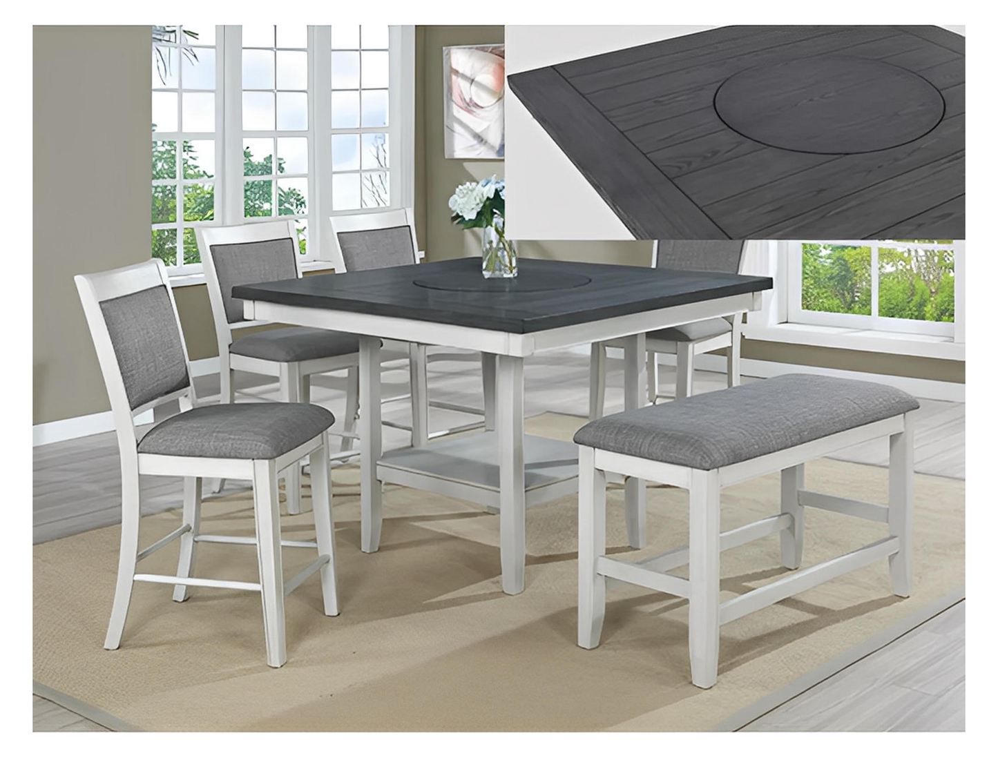 Fulton 6-PC Counter Ht Chalk Gray Dining Set | 1) Table, 4) Chairs, 1) Bench