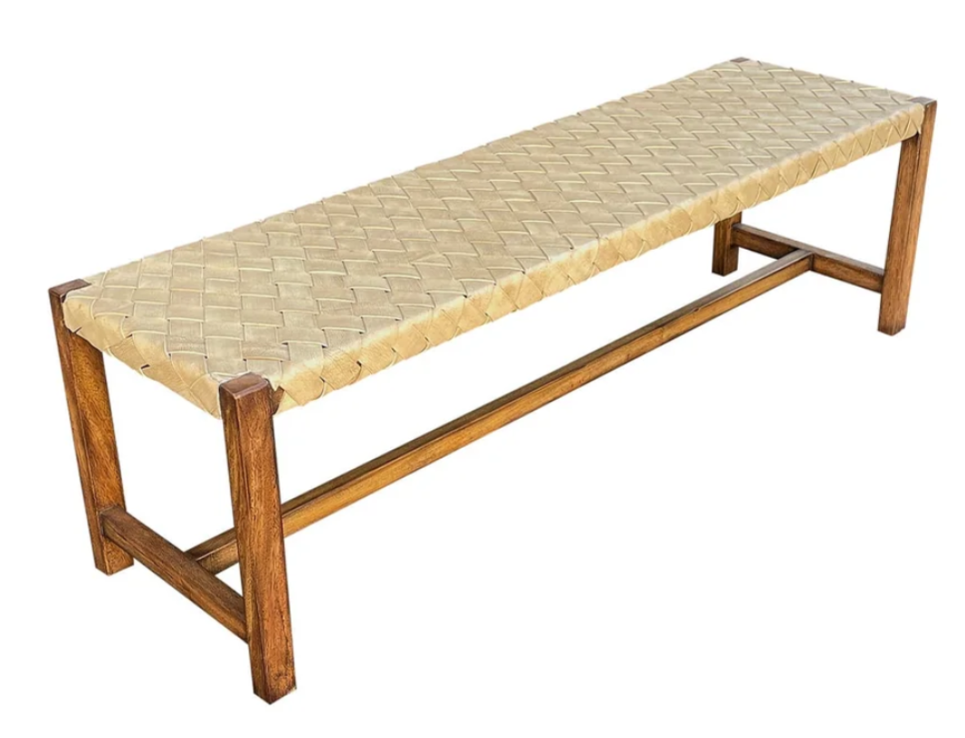 Bormes-les-Mimosas Bench, Natural Wood, Handwoven Leather Seat