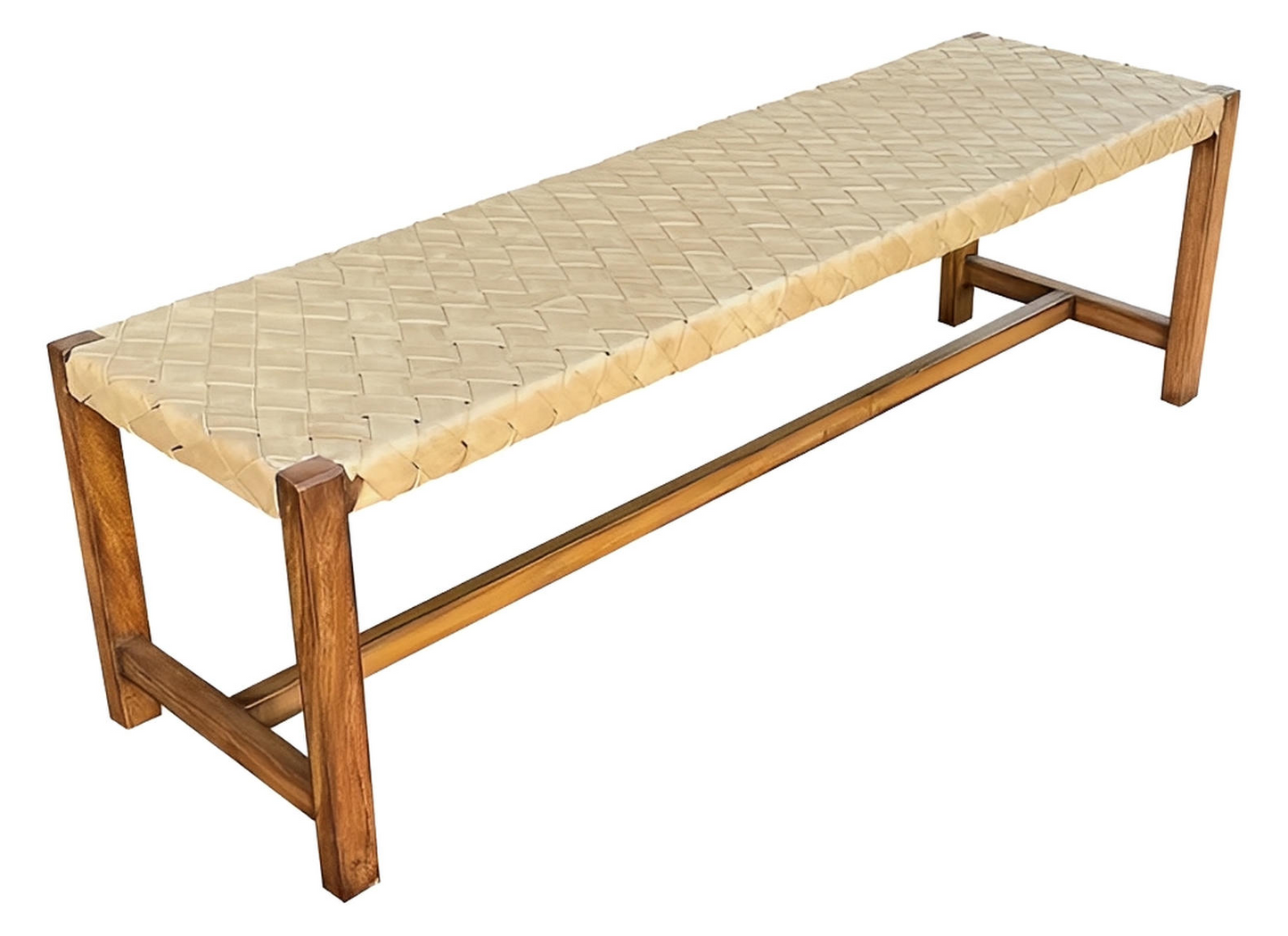 Bormes-les-Mimosas Bench, Natural Wood, Handwoven Leather Seat