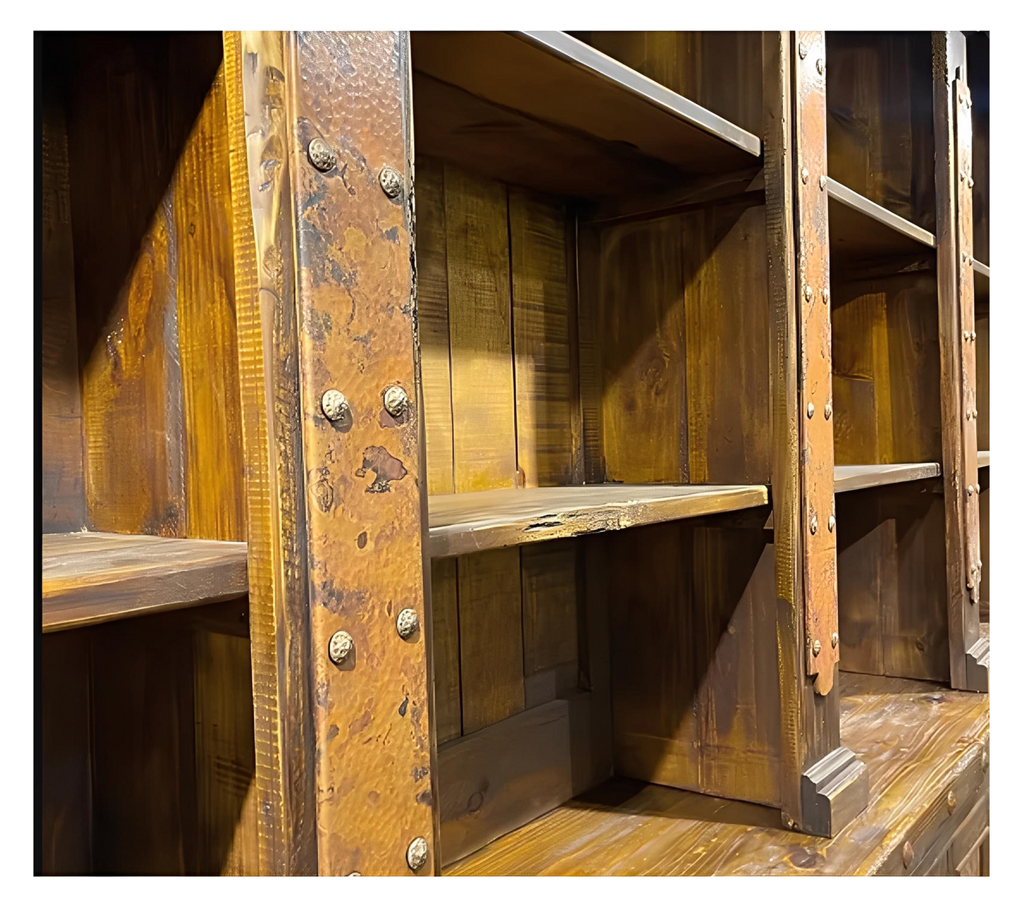 Sunset Ridge Copper 2-Piece Bar & Hutch Set | 12 ft wide | Hand-Carved | Iron Nailhead Trim & Foot Rail