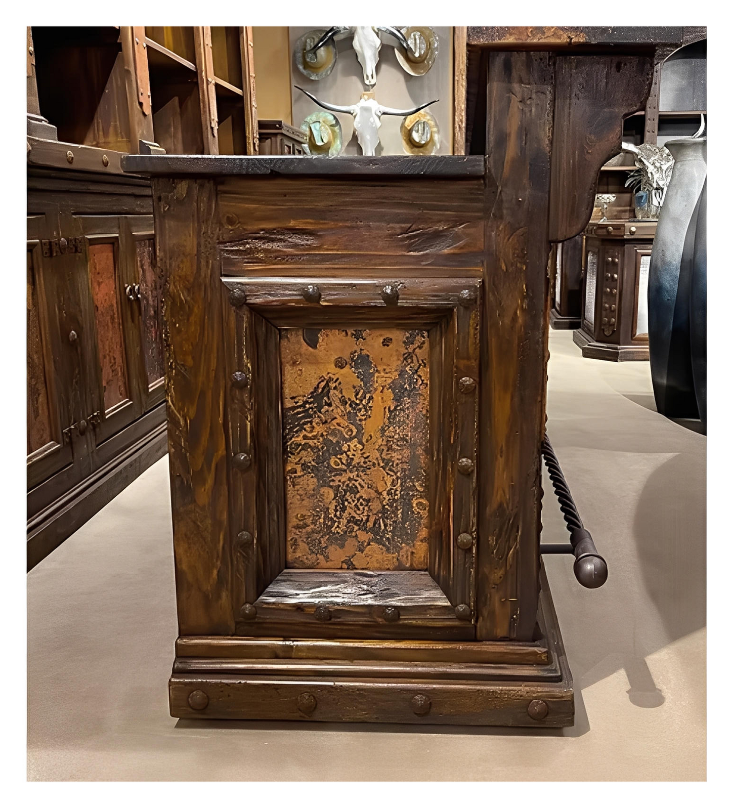 Sunset Ridge Copper 2-Piece Bar & Hutch Set | 12 ft wide | Hand-Carved | Iron Nailhead Trim & Foot Rail