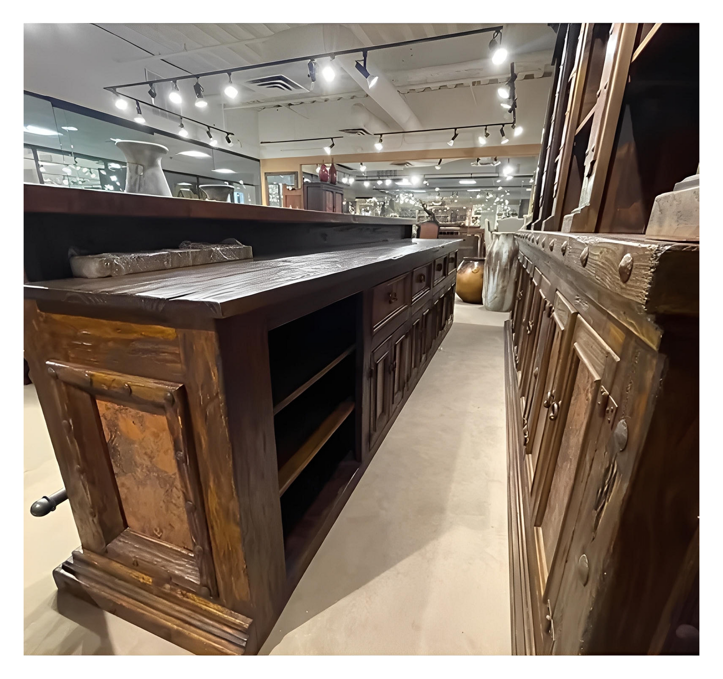 Sunset Ridge Copper 2-Piece Bar & Hutch Set | 12 ft wide | Hand-Carved | Iron Nailhead Trim & Foot Rail