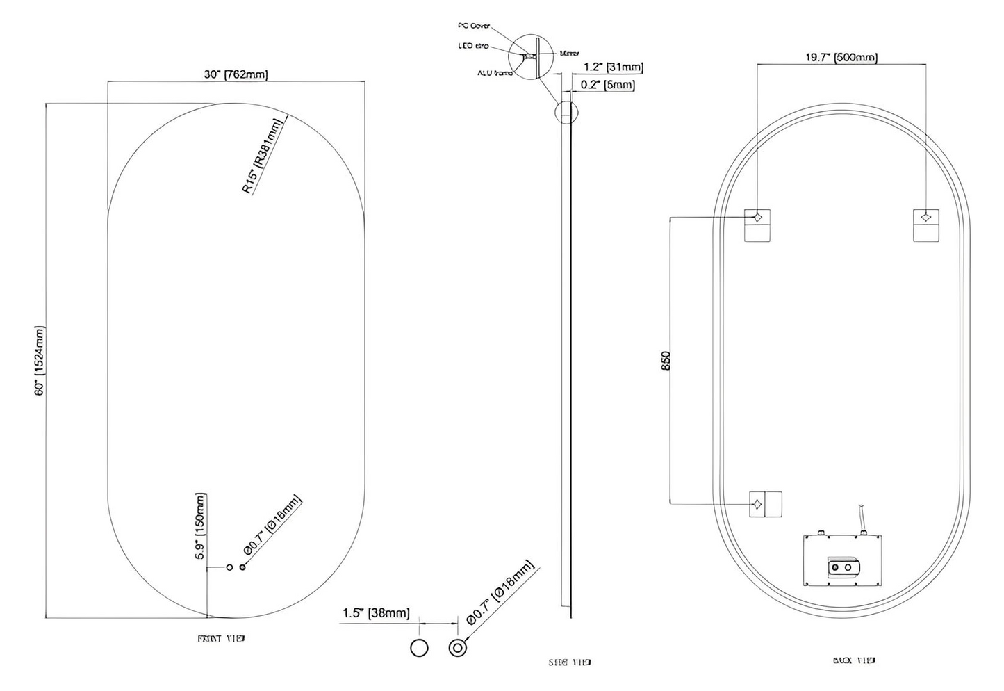 LUXOR PILL LED VANITY OVAL MIRROR - BACKLIT - ADJUSTABLE TEMP. & BRIGHTNESS - 30 x 60