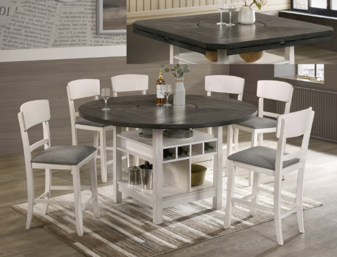 Christopher Counter Height Table & 4) Chairs; Lazy Susan; 4) drop-leaves; Gray