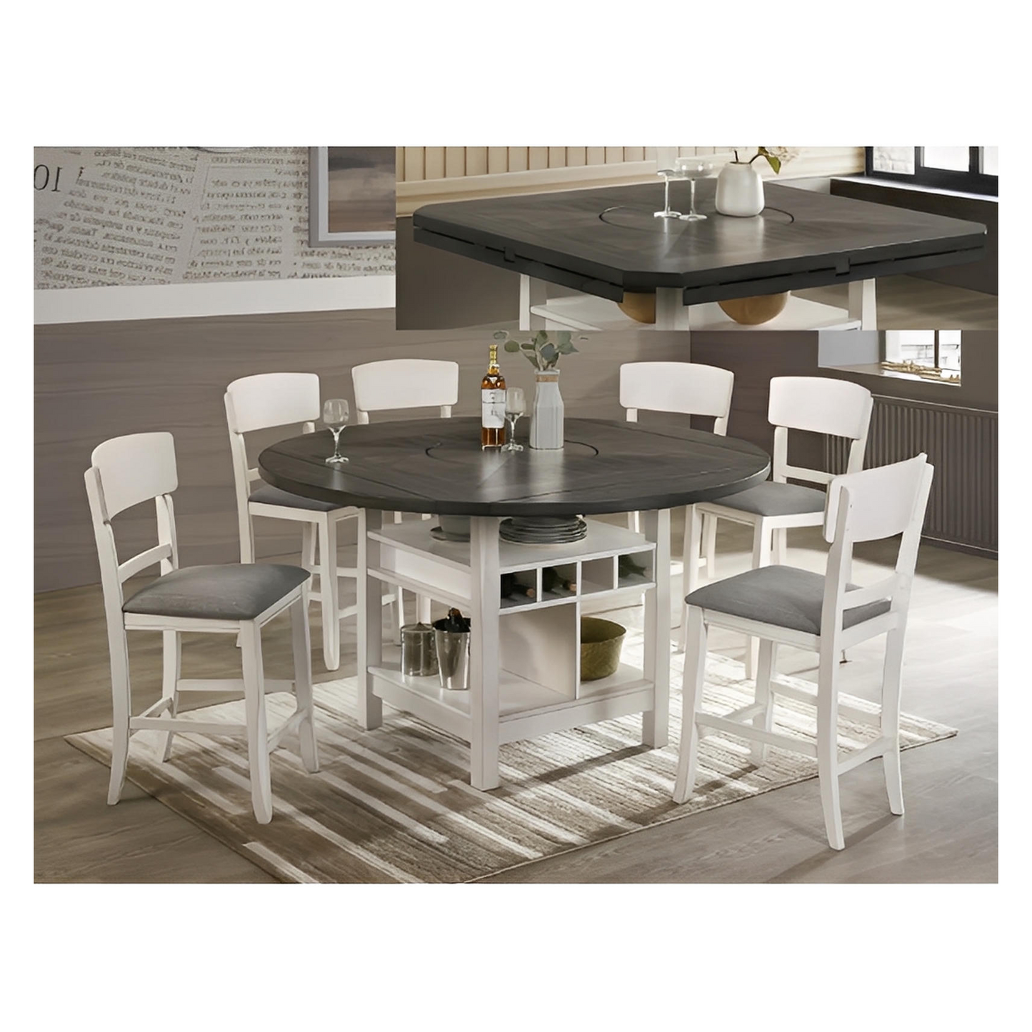 Christopher Counter Height Table & 4) Chairs; Lazy Susan; 4) drop-leaves; Gray