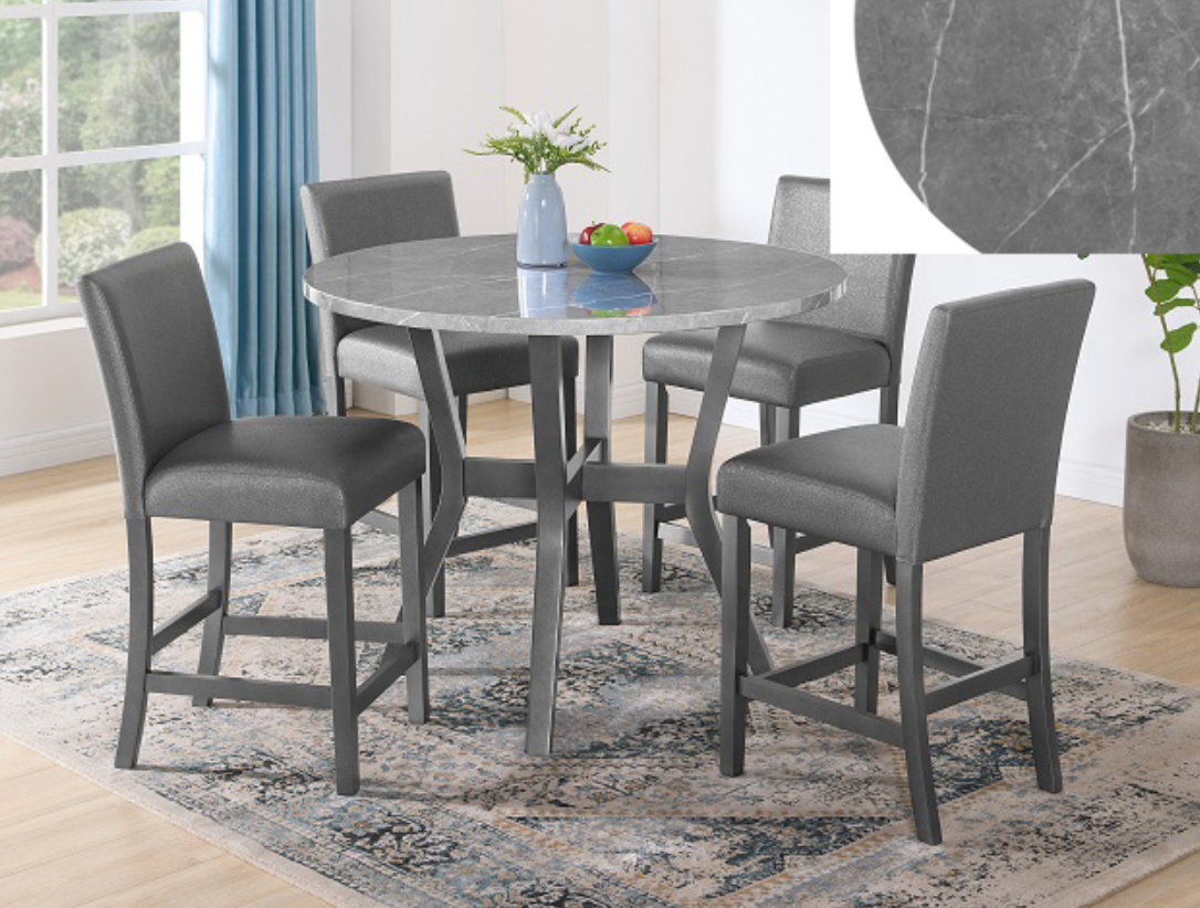 Justin 5PC Counter Ht Table & 4) Chairs; round faux marble-top; Gray