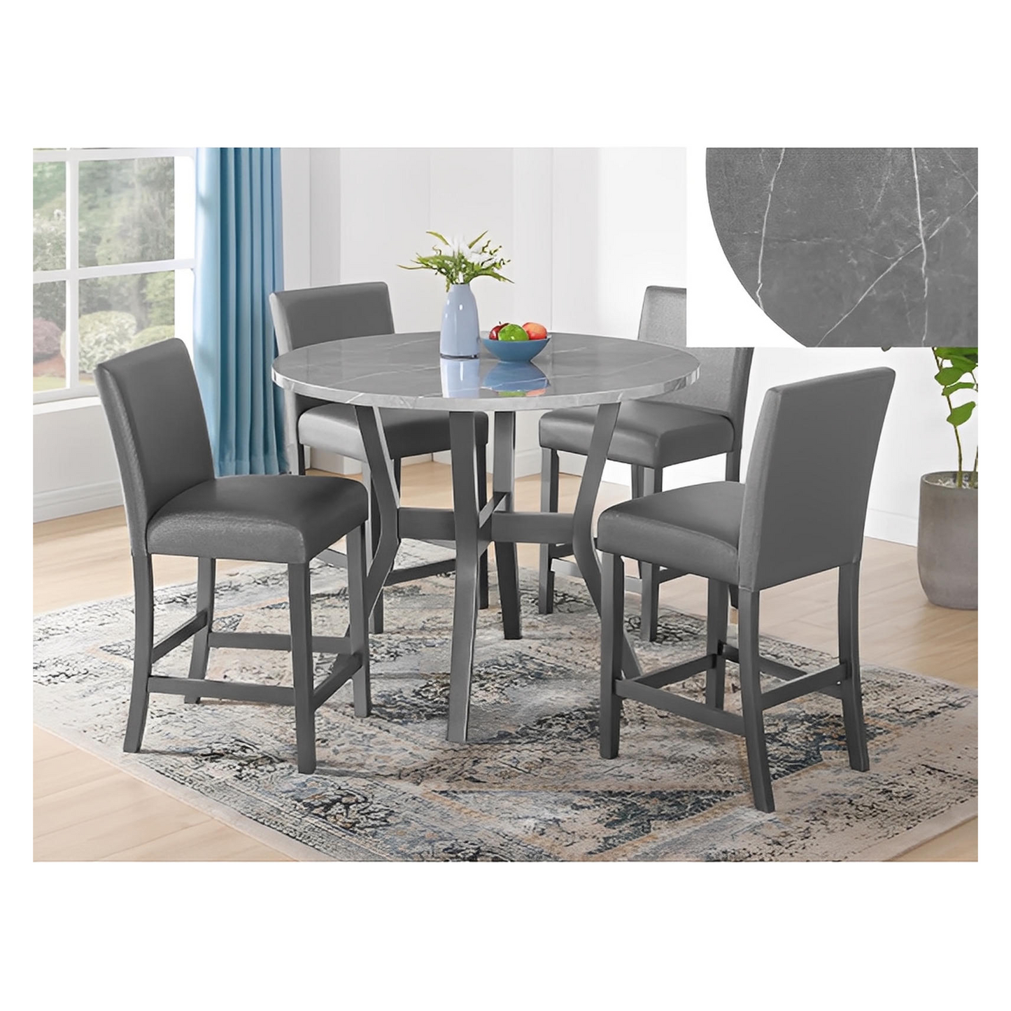 Justin 5PC Counter Ht Table & 4) Chairs; round faux marble-top; Gray