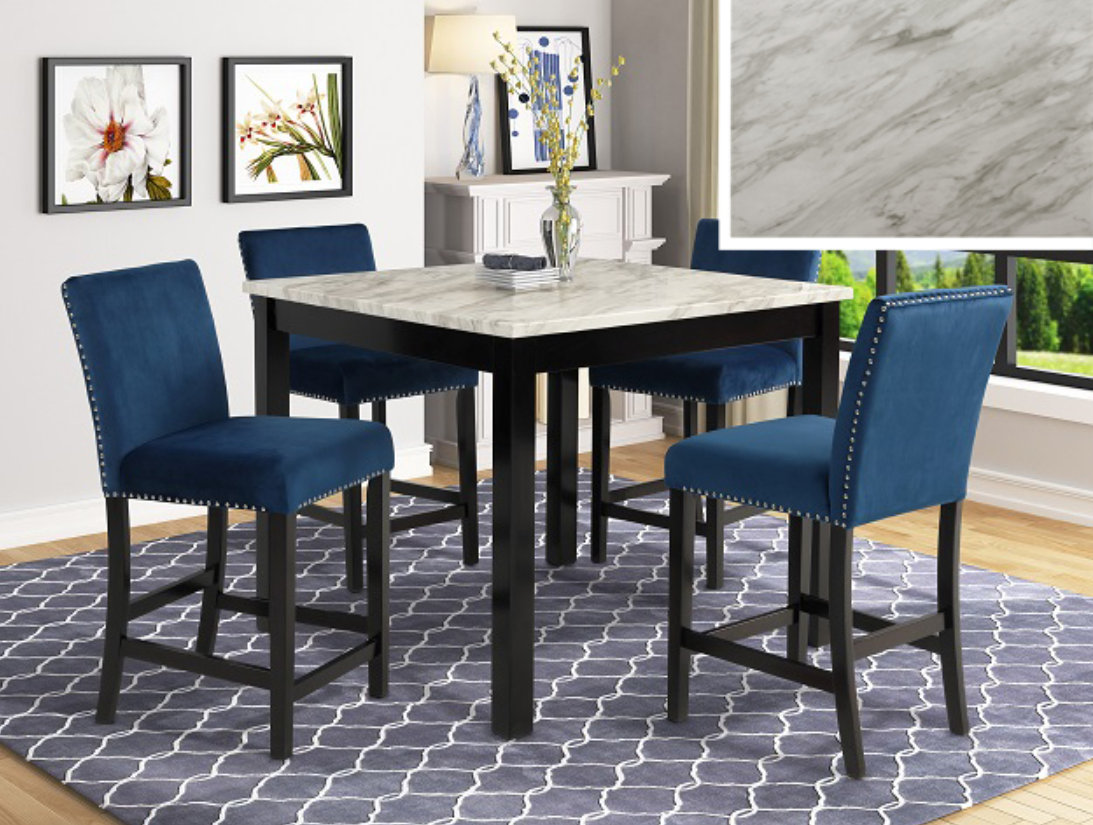 Lennix 5PC Counter Ht Table & 4) Royal Blue Velvet-Upholstered Chairs
