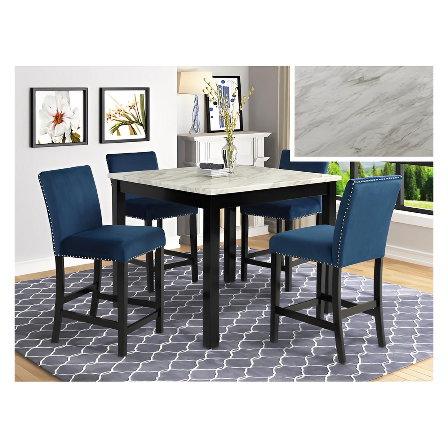 Lennix 5PC Counter Ht Table & 4) Royal Blue Velvet-Upholstered Chairs
