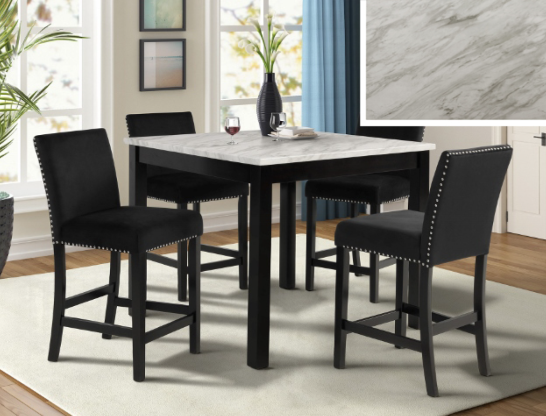 Lennix 5PC Counter Ht Table & 4) Black Velvet-Upholstered Chairs