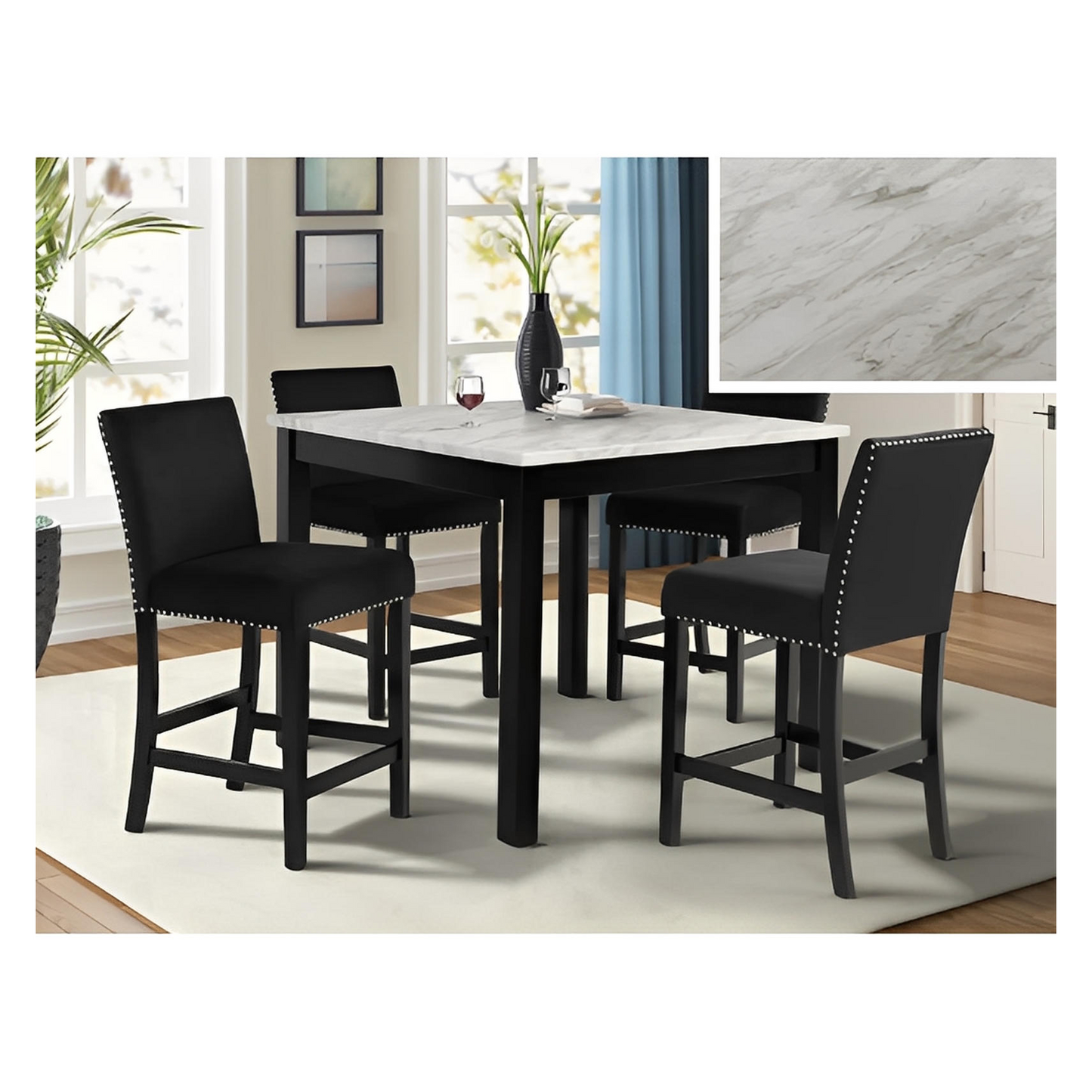 Lennix 5PC Counter Ht Table & 4) Black Velvet-Upholstered Chairs