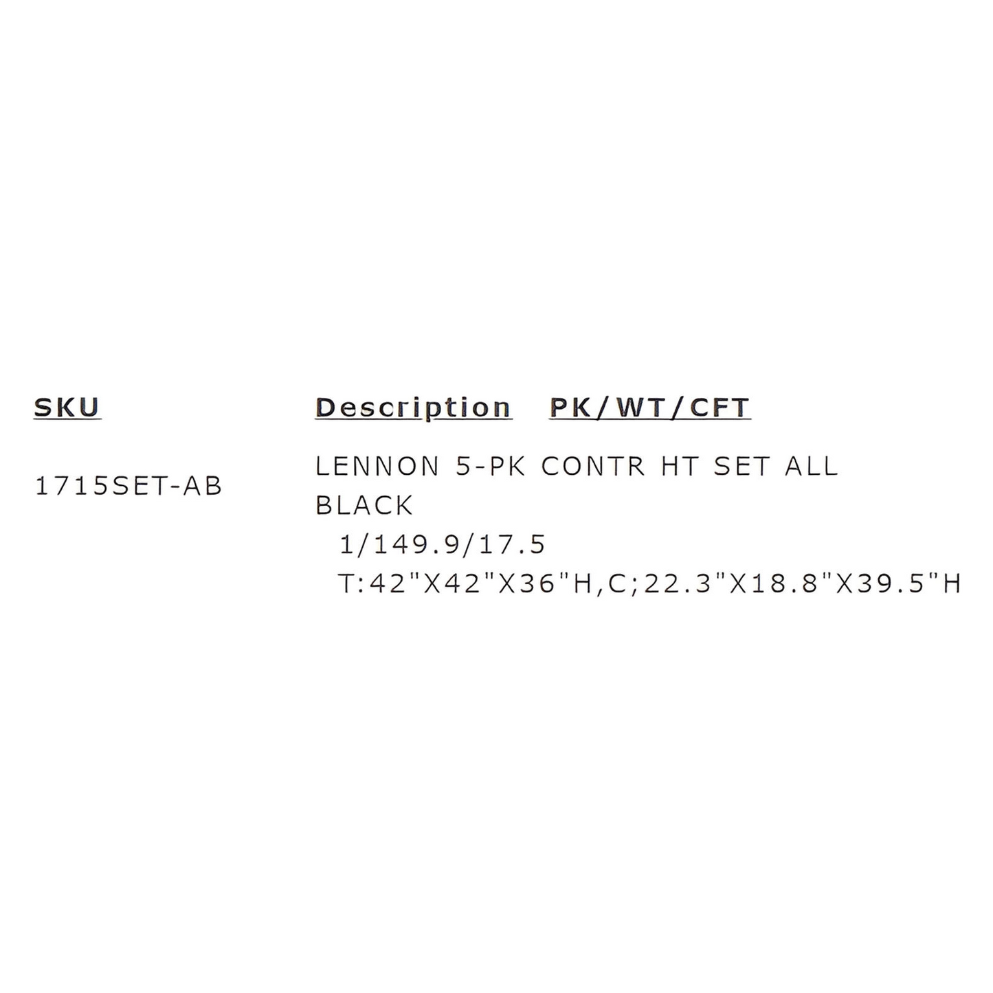 Lennix 5-PC Counter Height Table & 4) Chairs; Bold, Striking, Black