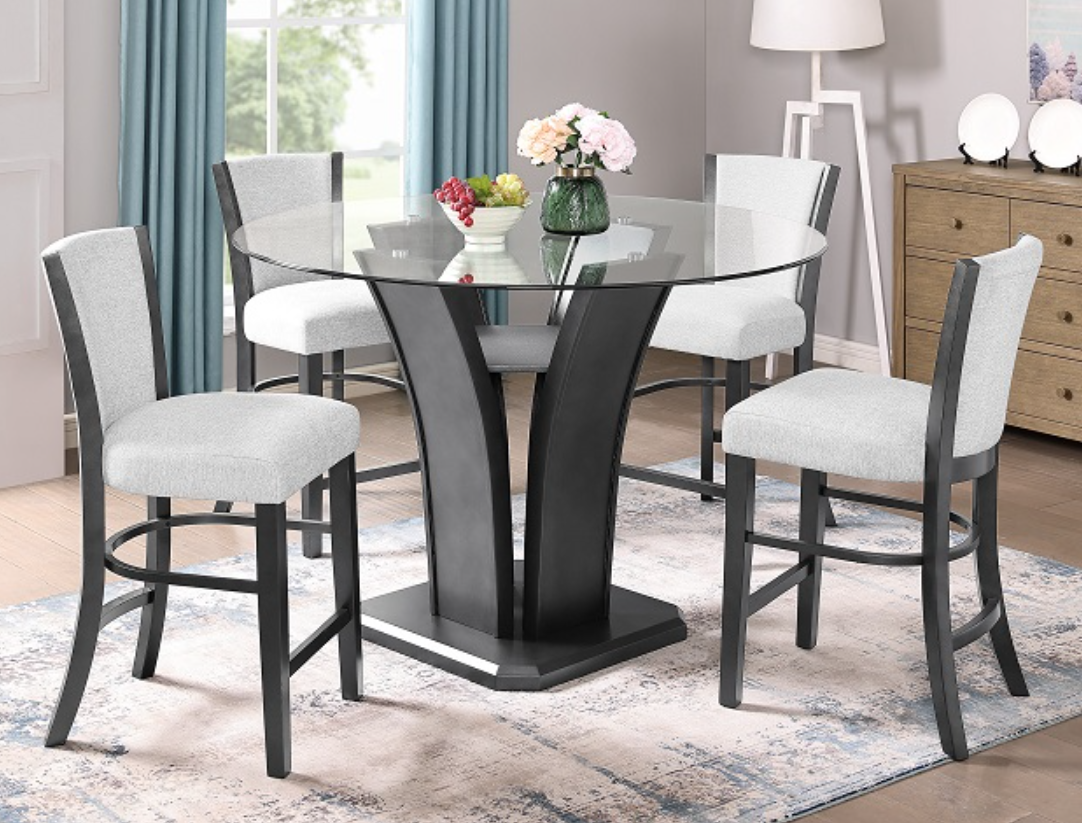 Catherine Dove 5PC Round Counter Ht Glass Table & 4) Chairs; Light Gray