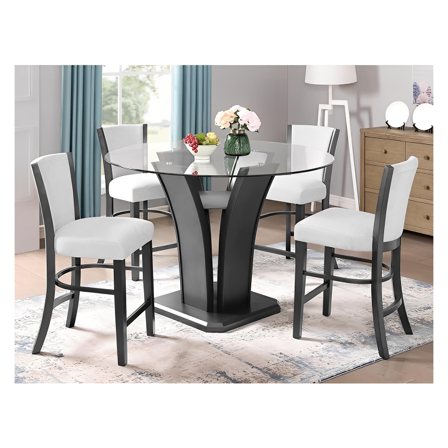 Catherine Dove 5PC Round Counter Ht Glass Table & 4) Chairs; Light Gray