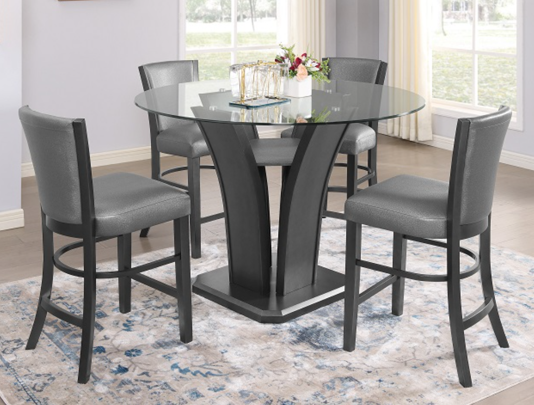 Catherine 5PC Round Counter Ht Glass Table & 4) Chairs; Gray