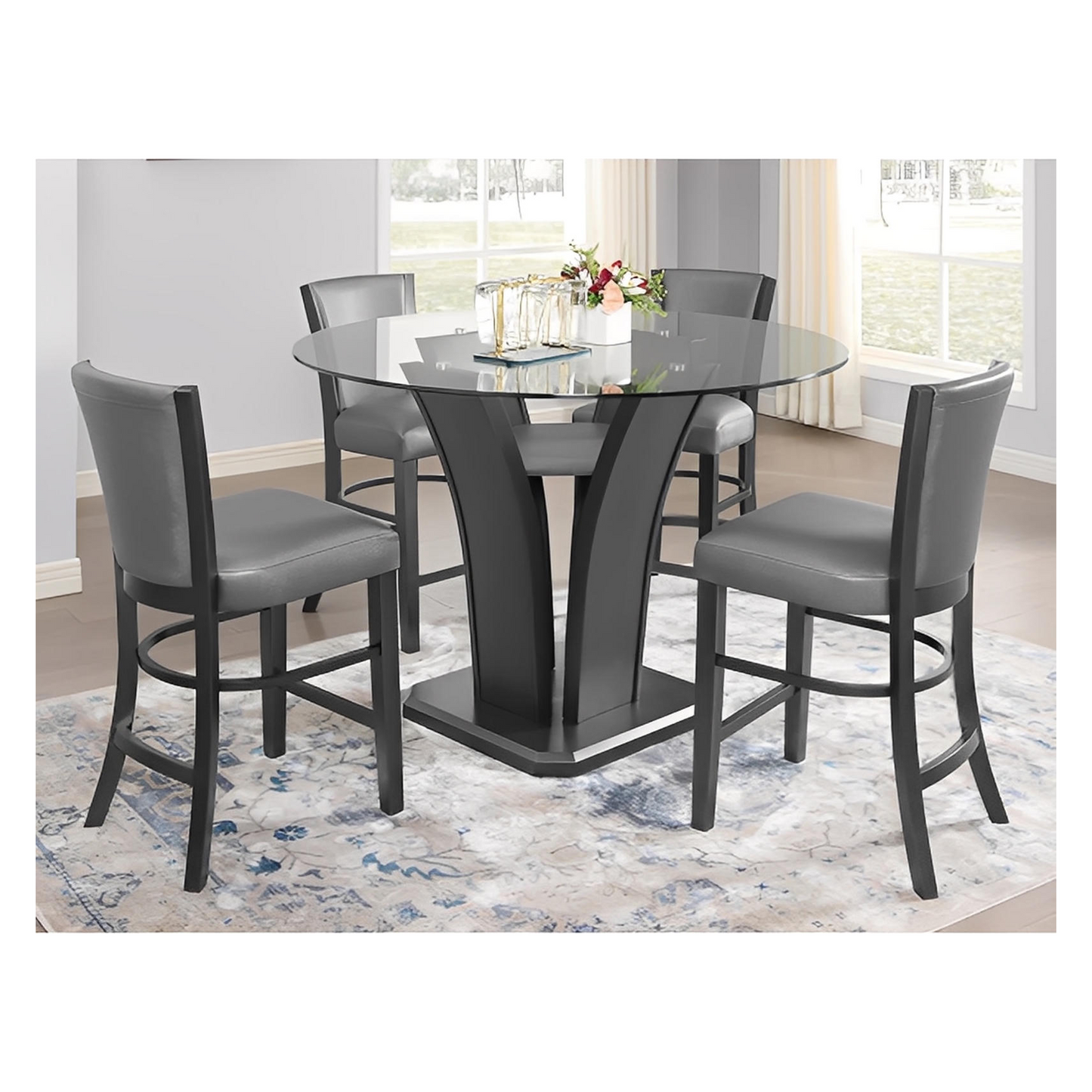 Catherine 5PC Round Counter Ht Glass Table & 4) Chairs; Gray