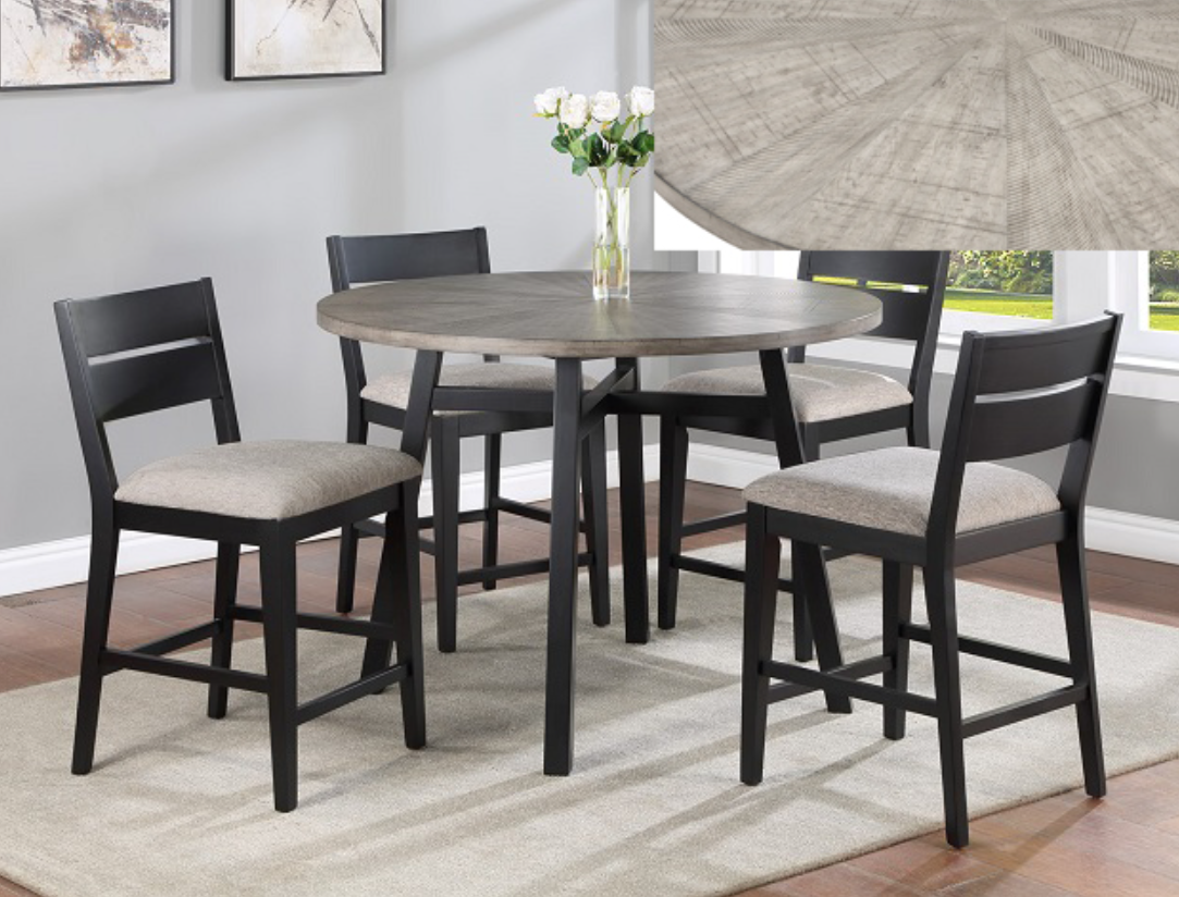 Major 5PC Counter Ht Woodgrain Table & 4) Chairs; round faux marble-top; Tan