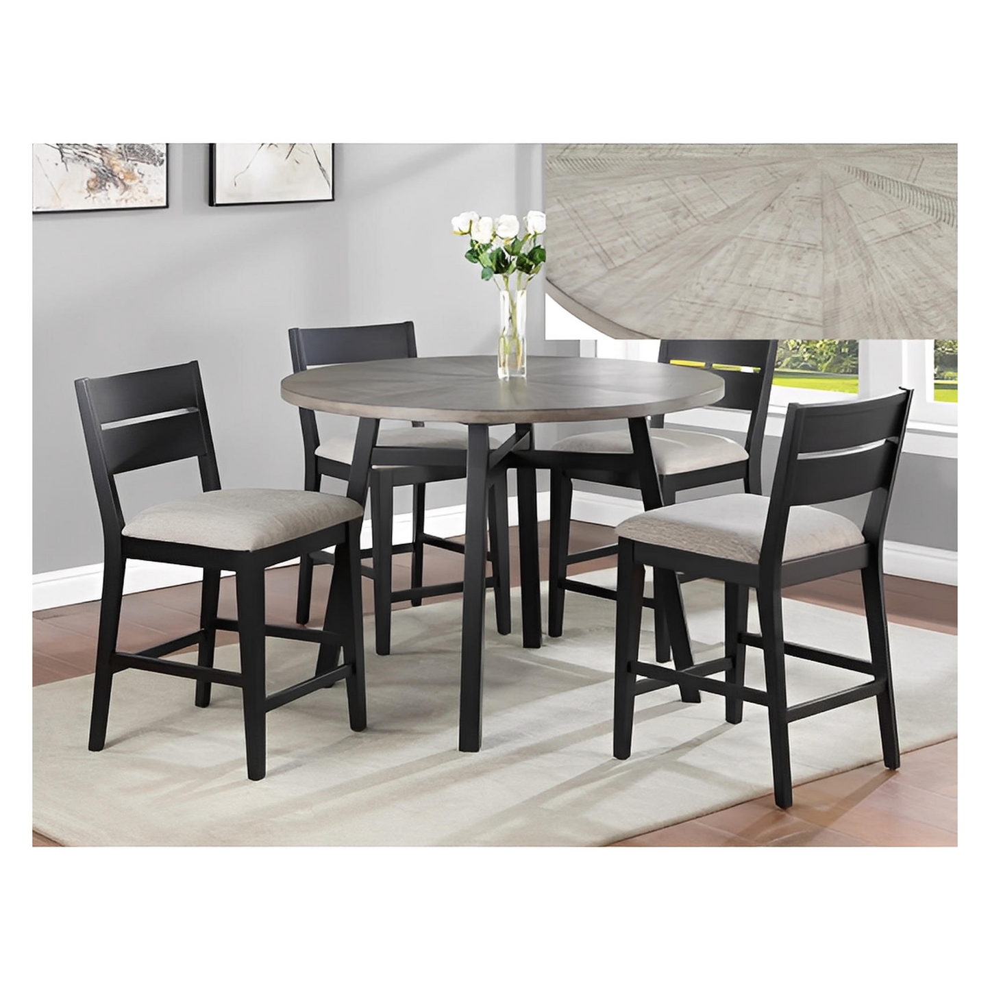 Major 5PC Counter Ht Woodgrain Table & 4) Chairs; round faux marble-top; Tan