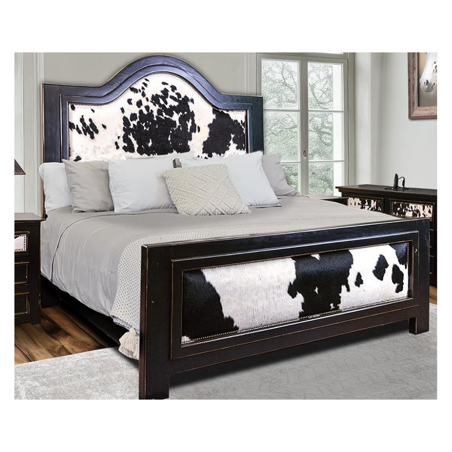 Pioneer Trail Bed with Black & White Genuine Cowhide Inlays in the Footboard and Tall Headboard | Handcrafted | Bed Only | Delivery & Assembly are Included