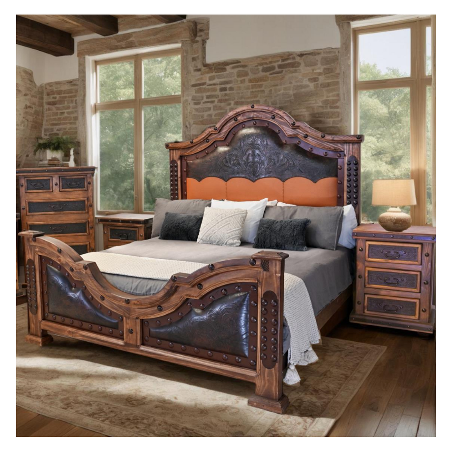Canyon Charm II Handcrafted Wooden Bed with Tooled Leather Panels in the Footboard and Tall Headboard | (Bed Only) | Delivery & Assembly are Included