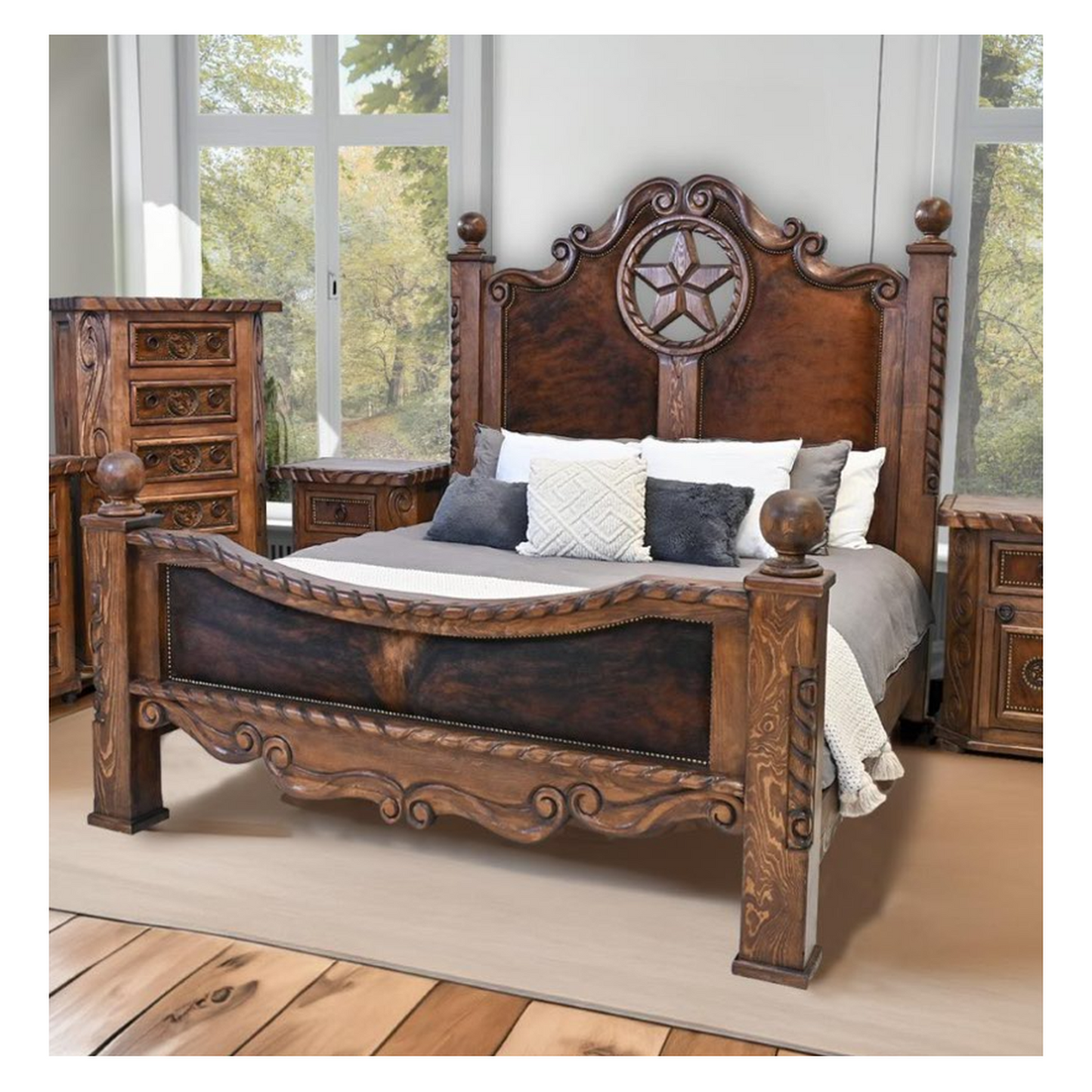 Hill Country Hand-Carved Bed with Rope, Star, & Brindle Cowhide Inlays – Rustic Western Bed Frame with 4-Posts (Bed Only) | Delivery & Assembly are Included