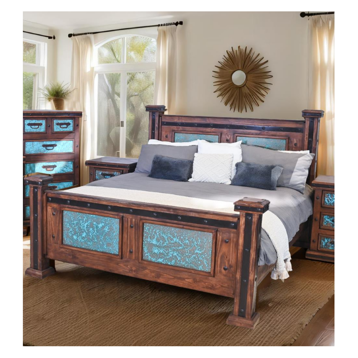 Tierra Turquesa Hand Carved Wooden Bed with Turquoise Copper Panels | (Bed Only) | Delivery & Assembly are Included