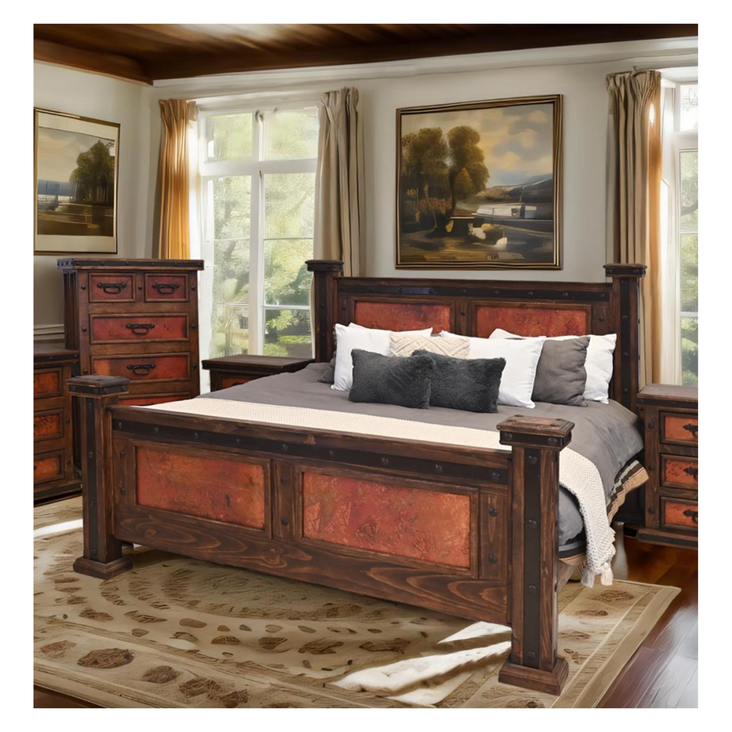 Tierra Roja Handcrafted Wooden Bed with Red Copper Panels | (Bed Only) | Delivery & Assembly are Included